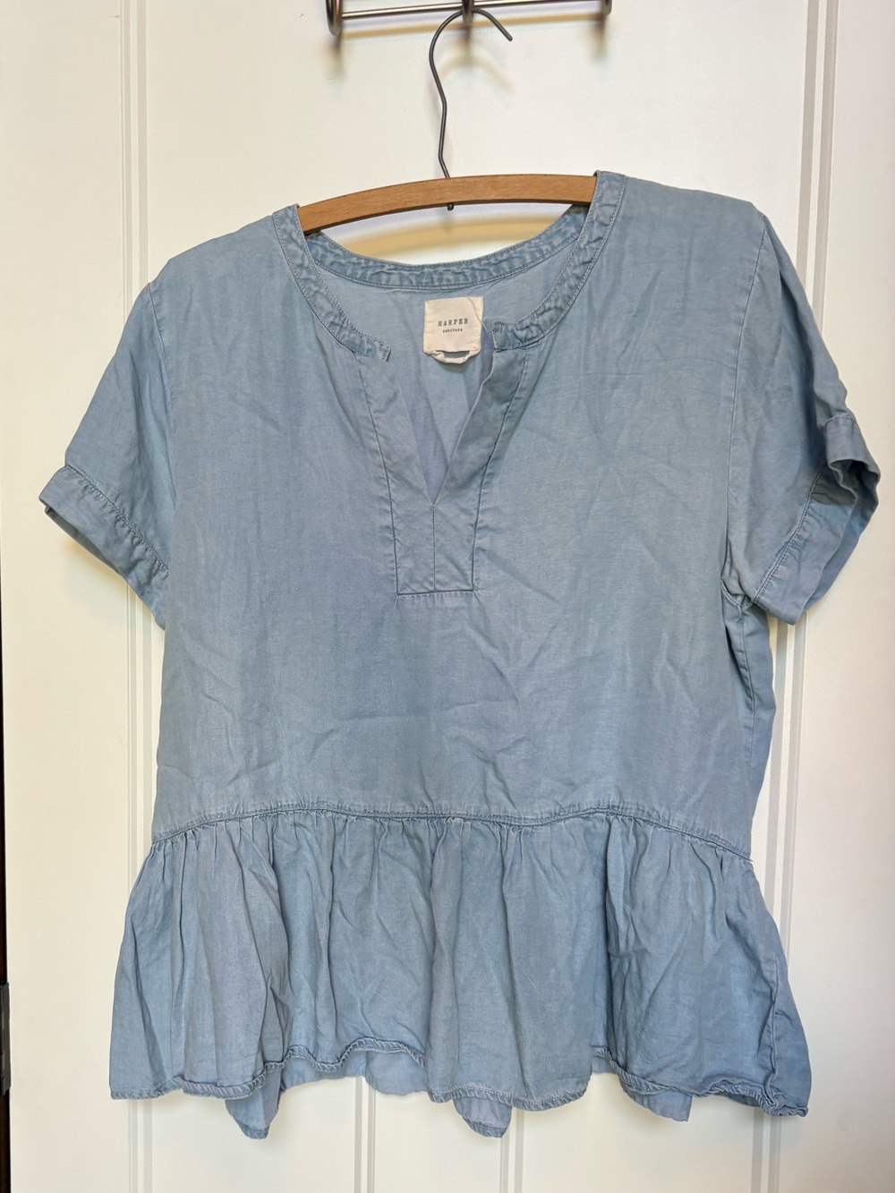 Harper Heritage Light Wash Blue Chambray Peplum Top - Size XL